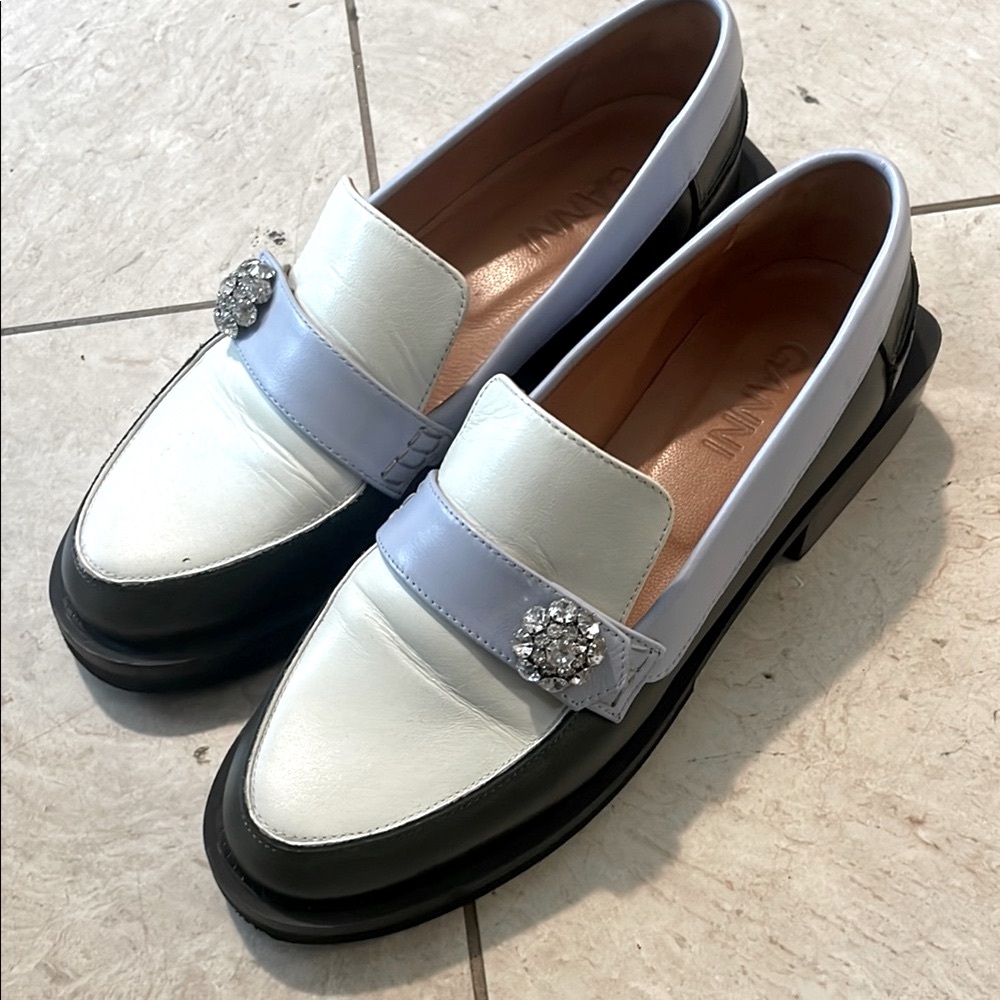 Ganni Black and White Loafers with Blue Accent like NEW size 38